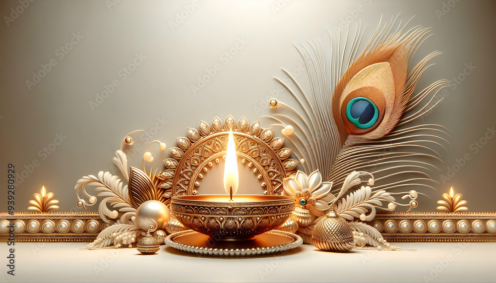 3D Diya and Peacock Feather Border concept as Horizontal frame with a lit diya on one side and a peacock feather on the other creating an elegant and symbolic Dussehra themed copy space focusing on be 3D Diya and Peacock Feather Border concept as Horizontal frame with a lit diya on one side and a peacock feather on the other creating an elegant and symbolic Dussehra themed copy space focusing on be