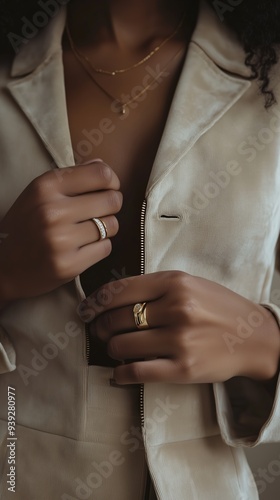 Elegant woman adjusting her stylish jacket while showcasing beautiful rings in soft lighting