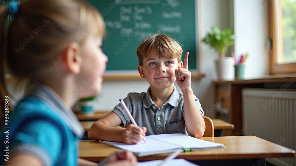very well dressed child, first in class, who raises his finger to ask to speak
very well dressed child, first in class, who raises his finger to ask to speak