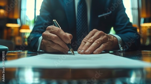 Close-up shot of a man signing a document.