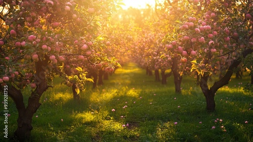 An idyllic apple orchard adorns a verdant lawn, bathed in golden sunlight. Majestic trees stand tall in a picturesque garden photo