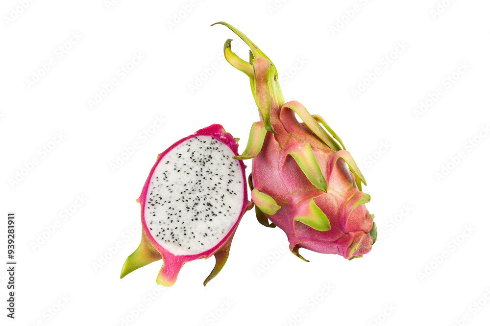 Whole and sliced dragon fruit PNG on isolated white background Whole and sliced dragon fruit PNG on isolated white background