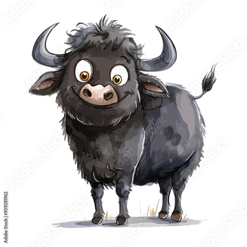 Watercolor vector of a cartoon Buffalo animation, isolated on a white background, Buffalo animation