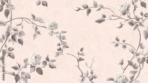 A soft floral pattern featuring grey roses and leaves on a light pink background.