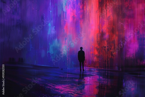 An evocative scene of a lone silhouette standing against a backdrop of bright neon and dripping colors, exuding mystery and allure.