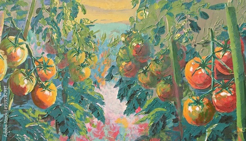 Painterly,  illustration painting of ripe tomatoes on the vine, beautiful picturesque landscape. photo