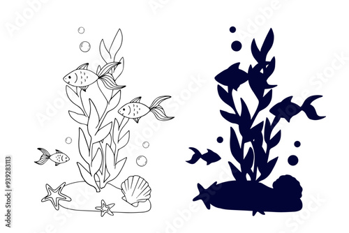 Line sketch,silhouette,stamp of shaggy seaweed with fish and shells.Vector graphics.