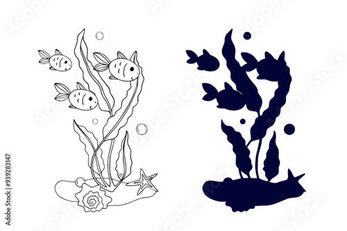 Line sketch,silhouette,stamp of shaggy seaweed with fish and shells.Vector graphics.