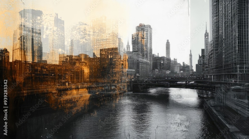 Obraz premium A stunning blend of vibrant hues and monochrome captures the essence of city life along the river, showcasing modern architecture.