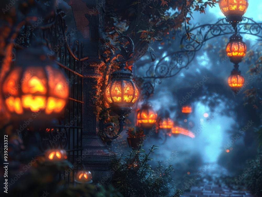 Enchanting pathway illuminated by ornate lanterns in a mystical, foggy forest during dusk, creating a magical, mysterious ambiance.