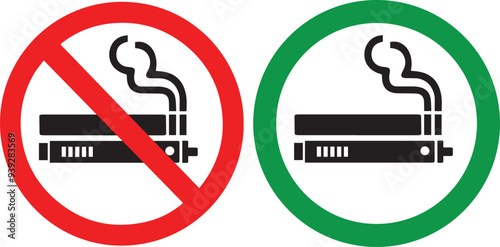 No smoking no vaping and smoking area sign set. Forbidden sign icon isolated on white background vector illustration. Cigarette, vape in prohibition circle and green allowed area.