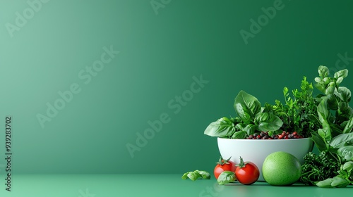 Cultural purity in food, traditional plant-based meals, minimalist design, 3D illustration photo