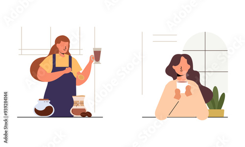 People spend their free time drinking a mug of coffee illustration