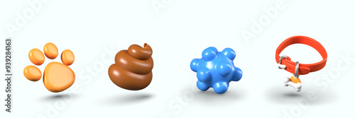 3D paw print, poop, massage ball, collar. Set of illustrations for veterinary concepts