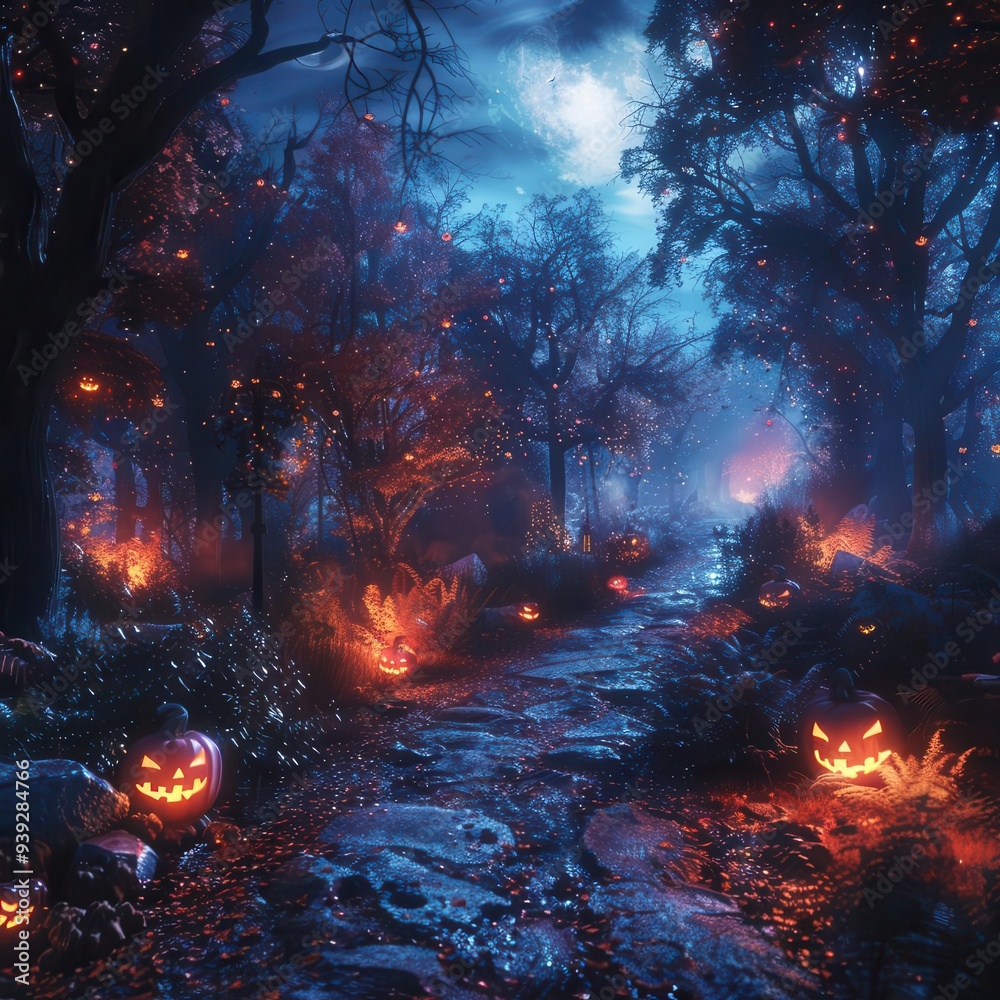Eerie Halloween night with glowing jack-o'-lanterns lining a spooky path in a dark, enchanted forest under a glowing moon. Eerie Halloween night with glowing jack-o'-lanterns lining a spooky path in a dark, enchanted forest under a glowing moon.