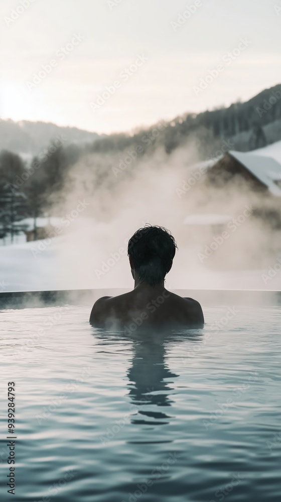 Obraz premium Relaxing in a steaming outdoor hot spring surrounded by snowy mountains at sunset