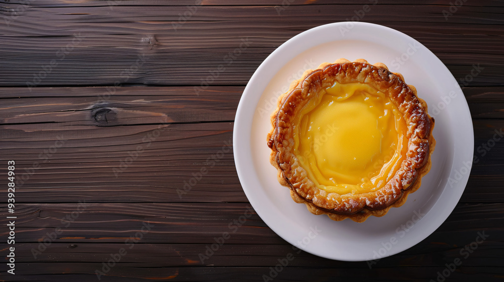 Rustic wooden table holds a white plate with a freshly baked lemon tart Rustic wooden table holds a white plate with a freshly baked lemon tart