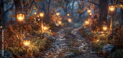 Enchanted forest path lit by glowing lanterns, creating a magical and mystical atmosphere in a woodland setting during dusk.