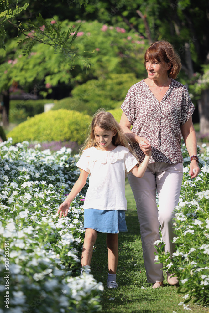 Fototapeta premium Happy family, grandchild and elderly grandma hold hands, walk through beautiful flower garden together. Joyful kid girl spend time outdoor with senior grandmother at public park. Child and elderly.