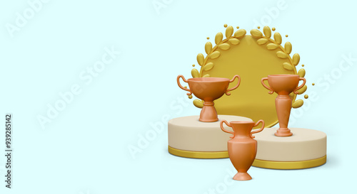 Golden cups for three winners. Vector composition in realistic style