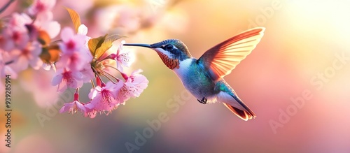 Hummingbird in Flight with Cherry Blossoms