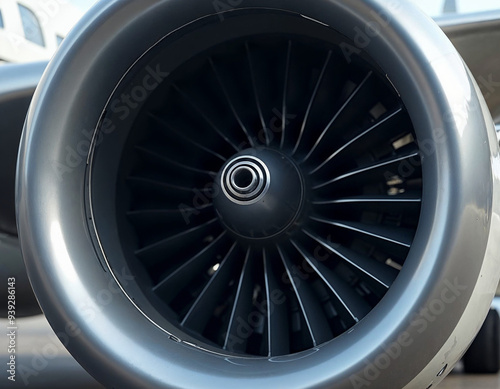 Close-up of a passenger plane’s jet engine, highlighting its intricate details and components.