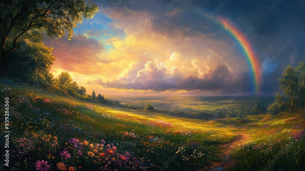 Naklejka premium Rainbow Over a Green Meadow After a Storm