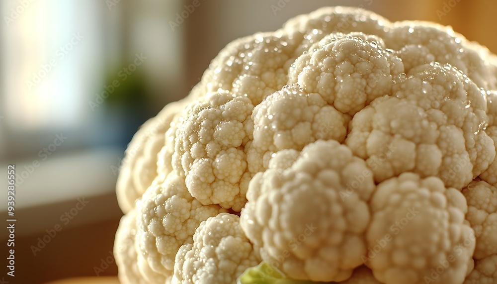 Close-Up of a Fresh Cauliflower with Water Droplets in Warm Living Room Light Close-Up of a Fresh Cauliflower with Water Droplets in Warm Living Room Light