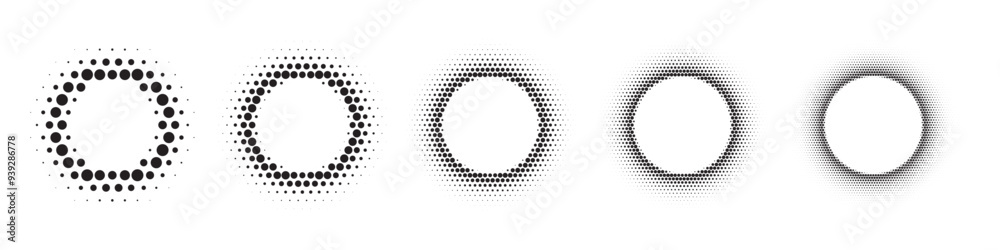 Black dotted round patterns. Golden frames with halftone effect. Abstract shining circle background with light glow elements. Modern futuristic graphic vector illustration set isolated on white.