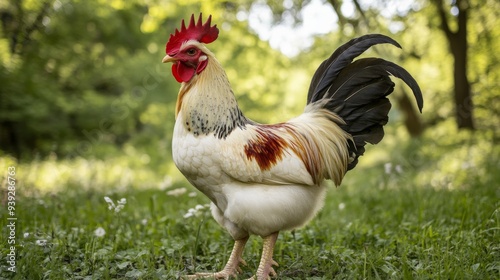 An image capturing a proud rooster standing tall in a lush green field, highlighting its vibrant feathers and strong stance, embodying confidence and natural beauty.