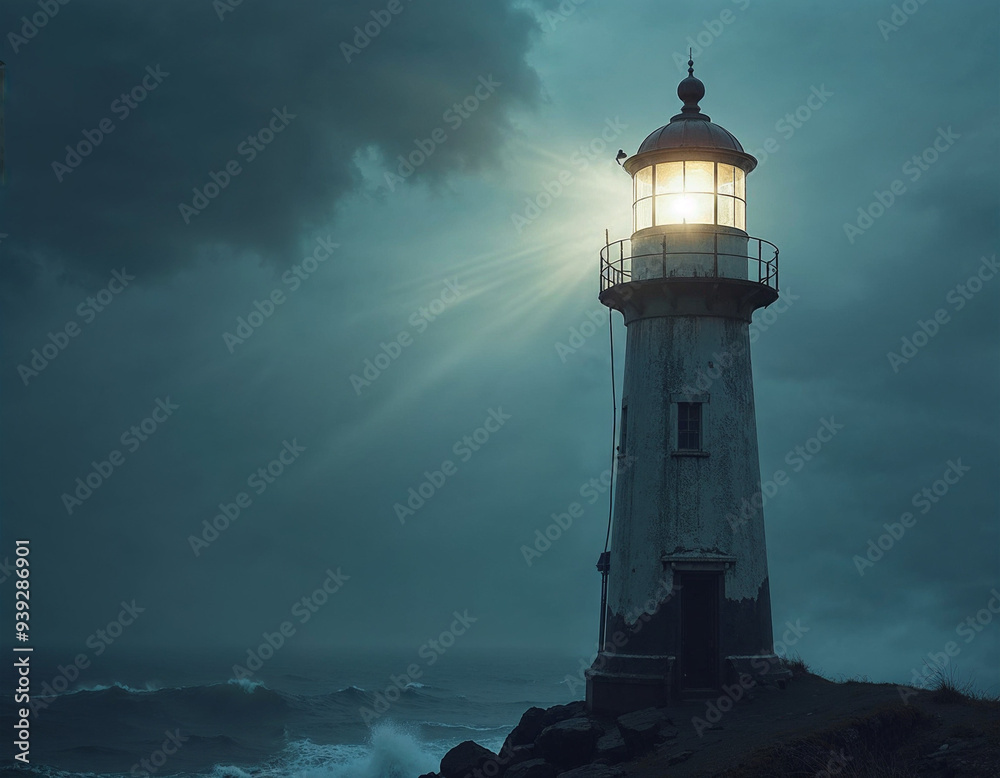 Naklejka premium Close-up of a lighthouse against a stormy sea, its beam cutting through mist and illuminating churning waters, with space for text.