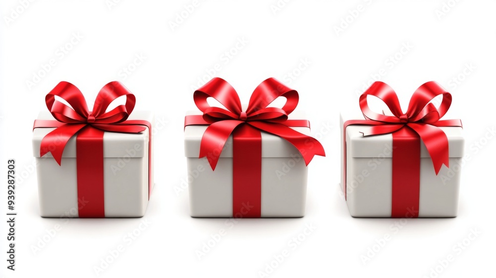 Obraz premium A neat row of three white gift boxes, each tied with a vibrant red ribbon bow, presenting a sense of celebration, generosity, and joy, perfect for any festive occasion.