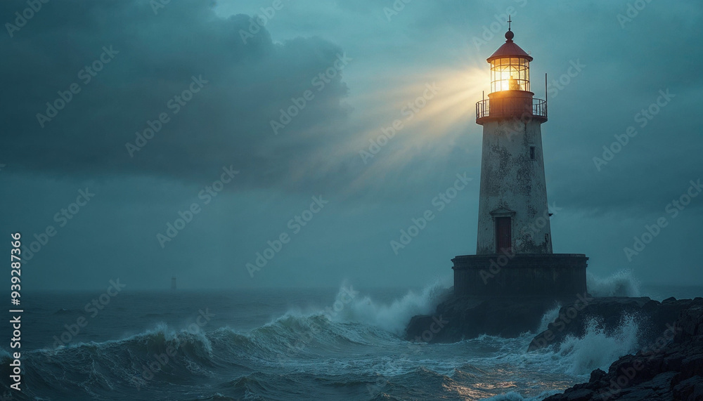 Naklejka premium Close-up of a lighthouse against a stormy sea, its beam cutting through mist and illuminating churning waters, with space for text.