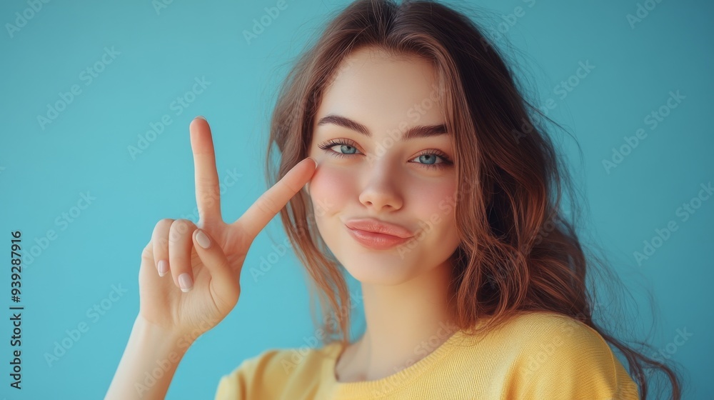 A person in a yellow shirt against a blue background is making a peace sign with their hand, showcasing a positive and friendly gesture often associated with peace. A person in a yellow shirt against a blue background is making a peace sign with their hand, showcasing a positive and friendly gesture often associated with peace.