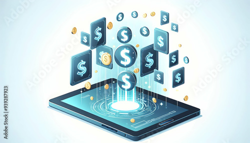 Wallpaper Mural Flat Tablet with Holographic Money Symbols concept as Vertical shot of a tablet on a white surface with glowing holographic money symbols floating above it offering a high impact Black Friday themed c Torontodigital.ca