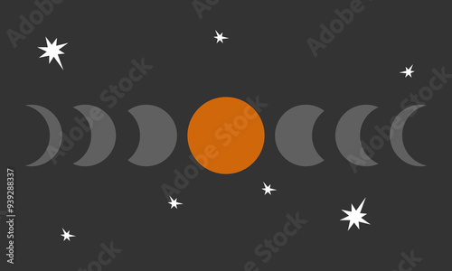 sun and moon phases abstract modern poster, astrology or esoteric vector illustration, wallpaper or wall print decoration, boho sun and crescent minimalist mid century retro art