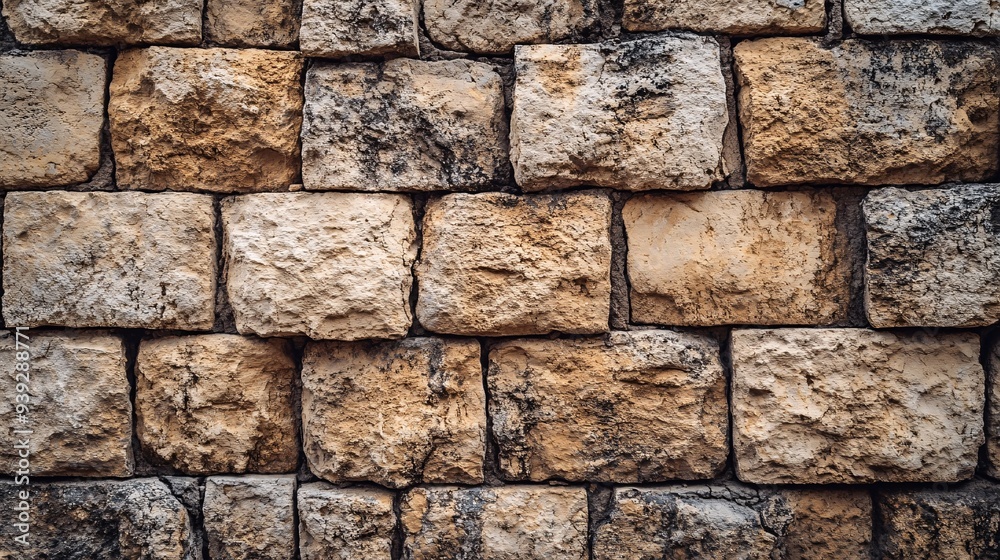 Obraz premium Detailed view of ancient stone wall with a textured surface and earthy tones