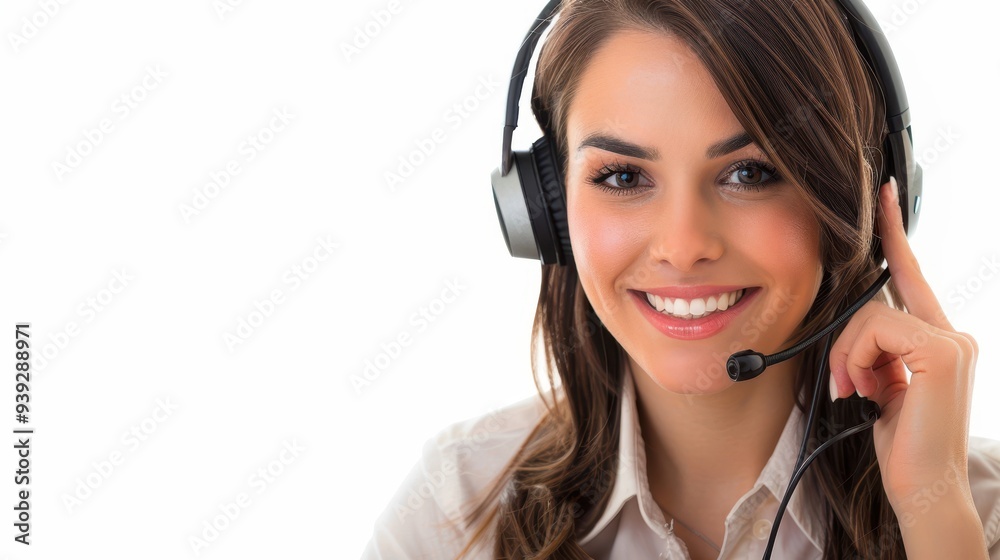 Emotional business woman in office callcenter working with computer wearing headphones Emotional business woman in office callcenter working with computer wearing headphones