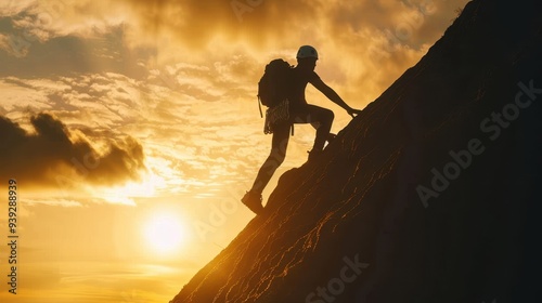 Backpackers hiking up glacier Shadow of an individual climbing a steep hill Generative AI