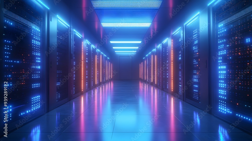 bright data center, server racks, network equipment, clean server room, high-tech infrastructure, glowing LED lights, cable management, cool blue tones, symmetrical corridor. bright data center, server racks, network equipment, clean server room, high-tech infrastructure, glowing LED lights, cable management, cool blue tones, symmetrical corridor.
