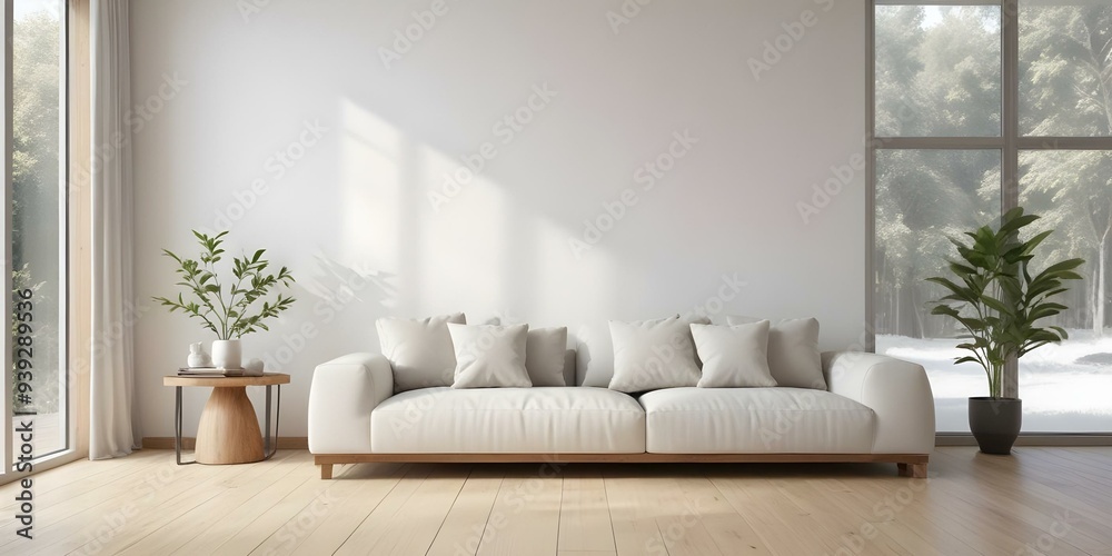 A modern, minimalist living room with a large white sofa, wooden floor, and a window with natural light streaming in. A modern, minimalist living room with a large white sofa, wooden floor, and a window with natural light streaming in.