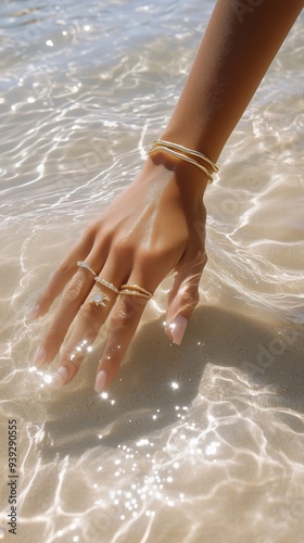 A close-up of a hand adorned with jewelry gently touching shimmering water at the beach