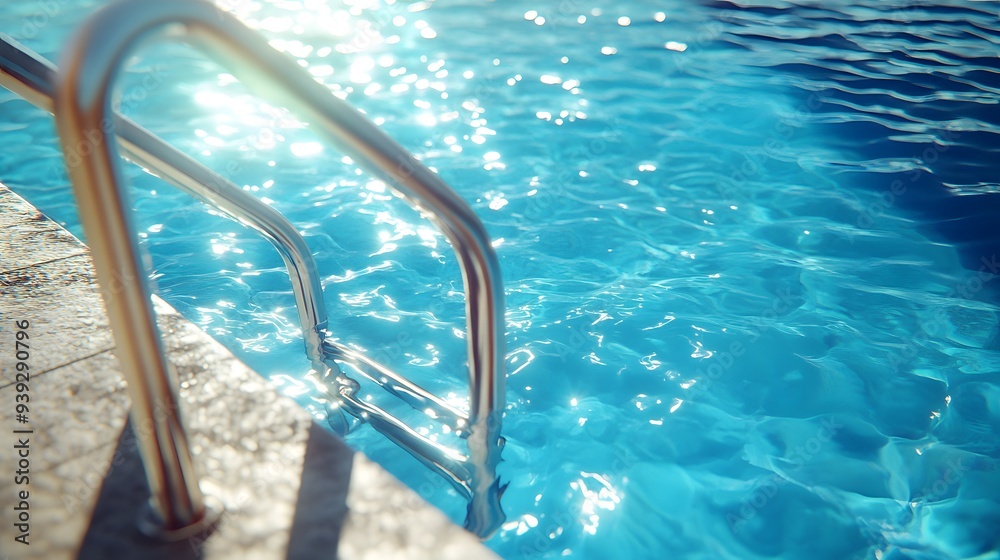 Bright swimming pool, crystal clear turquoise water, shimmering sunlight reflections, stainless steel pool ladder, concrete pool edge, vibrant blue tones, summer day. Bright swimming pool, crystal clear turquoise water, shimmering sunlight reflections, stainless steel pool ladder, concrete pool edge, vibrant blue tones, summer day.