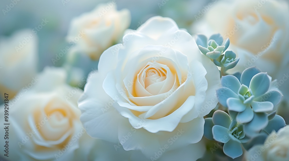 Obraz premium Bright white roses, pale blue succulents, delicate white flowers, fresh green leaves, soft focus background, high key lighting, macro photography, dreamy atmosphere, wedding bouquet.