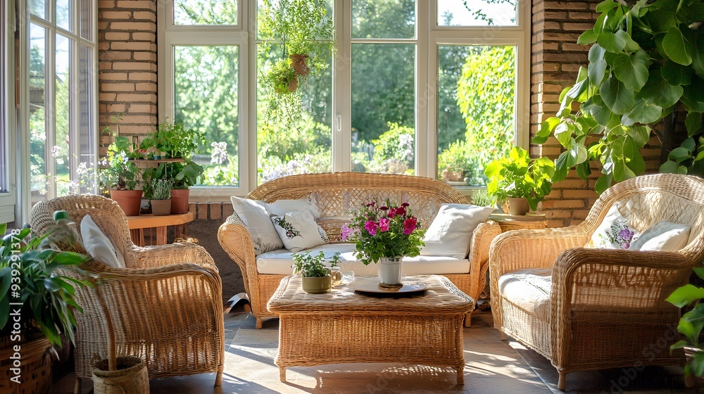 19. A cozy sunroom with comfortable wicker furniture, a coffee table, and potted plants 19. A cozy sunroom with comfortable wicker furniture, a coffee table, and potted plants