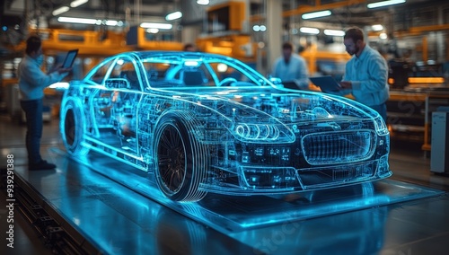 A digital blue 3D car model on a platform in an auto factory.