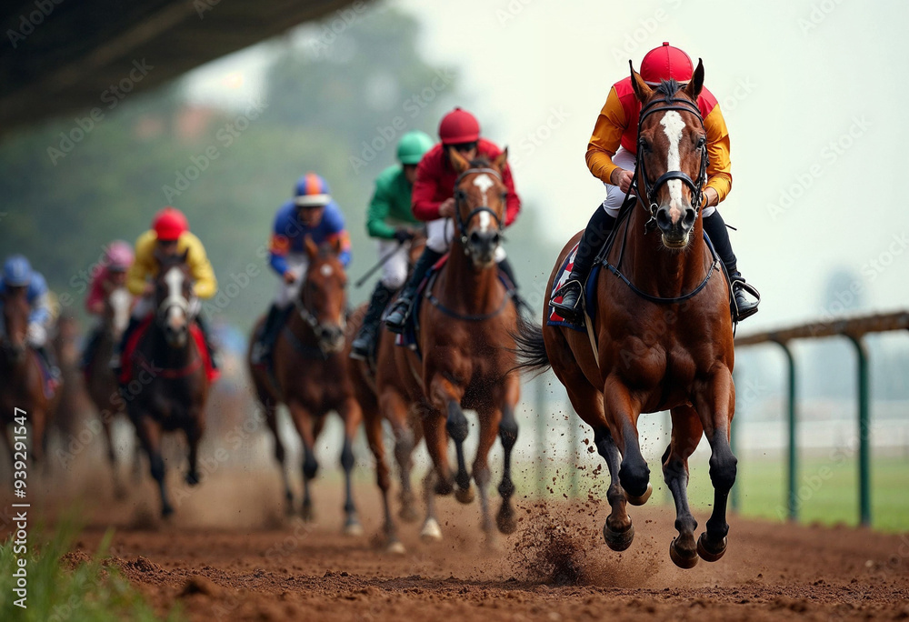 A horse race portrait from the starting gate shows the lead horse bursting out, dirt flying, and jockeys in focus, conveying excitement.
A horse race portrait from the starting gate shows the lead horse bursting out, dirt flying, and jockeys in focus, conveying excitement.