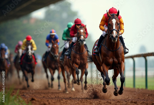 A horse race portrait from the starting gate shows the lead horse bursting out, dirt flying, and jockeys in focus, conveying excitement. 