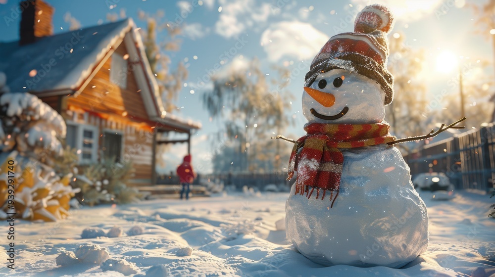 Obraz premium Snowman with a red scarf and hat in a snowy yard, with a cozy wooden house and winter scenery in the background.