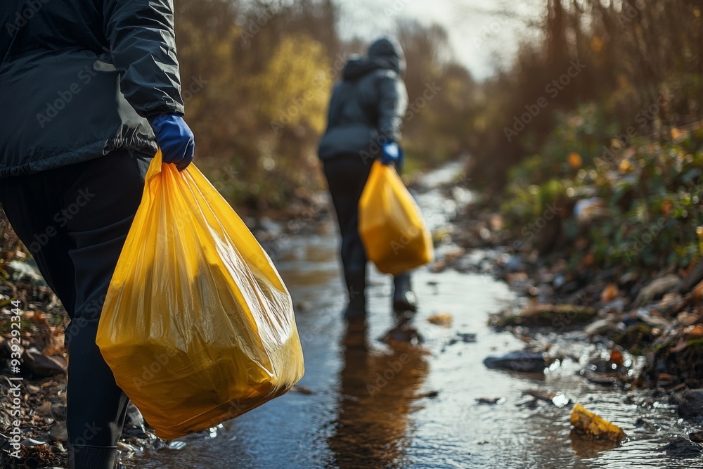 Two individuals wearing thick jackets and gloves are seen collecting trash in yellow bags by a water stream, contributing to environmental cleanup efforts outdoors. Two individuals wearing thick jackets and gloves are seen collecting trash in yellow bags by a water stream, contributing to environmental cleanup efforts outdoors.
